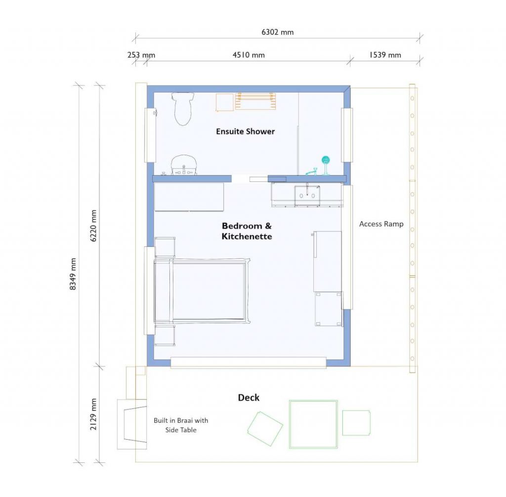 One bedroom cabin floor plan with bedroom and kitchenette, en-suite shower room and deck